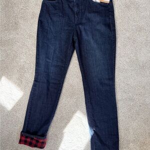 Eddie Bauer Dark Blue Jeans with Red Plaid Flannel Lining